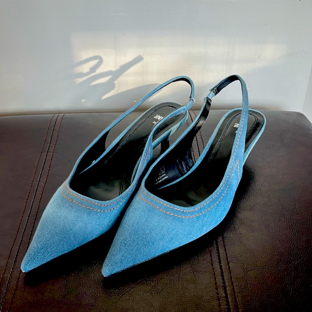 Kitten Heel Denim Zara Slingbacks